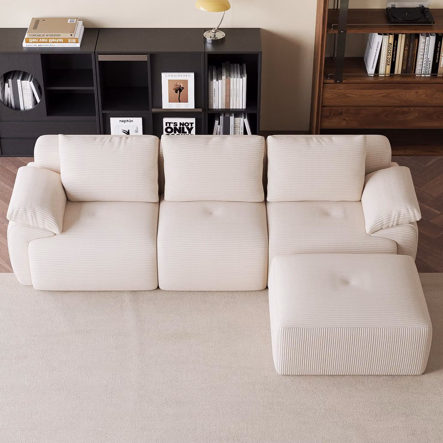 Divano angolare modulare ProximaX, forma a L, 264 cm, color beige, con poggiapiedi