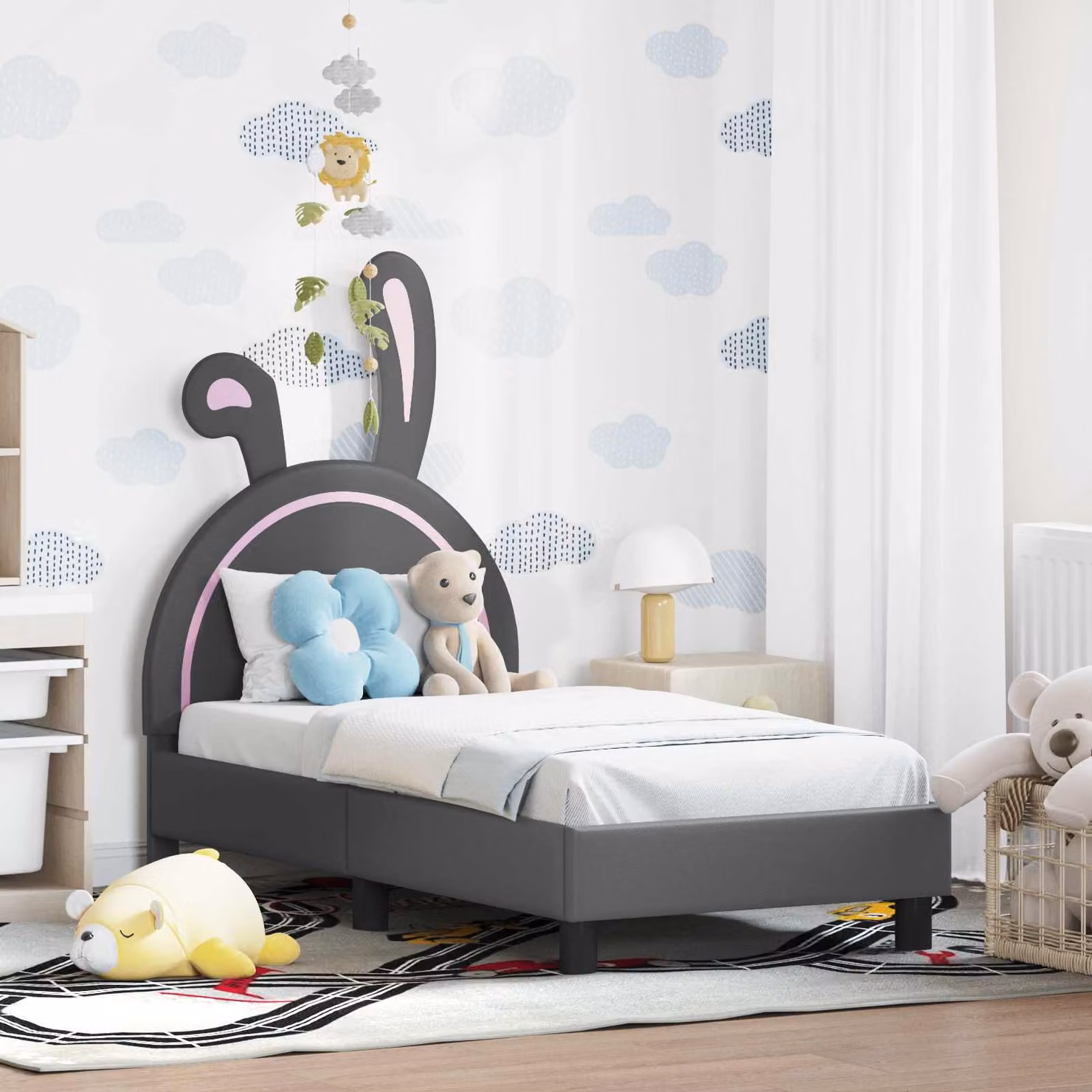 Struttura letto per bambini vidaXL con testata imbottita in similpelle grigia, L/P/H: 140 x 70 x 148 cm