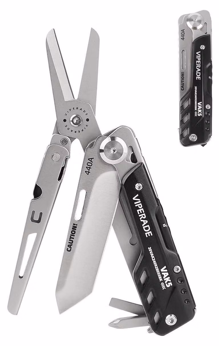 Coltello multiuso EDC, acciaio inossidabile, con clip, grande forbice, sistema di blocco di sicurezza, rompi vetro, 5 funzioni in 1