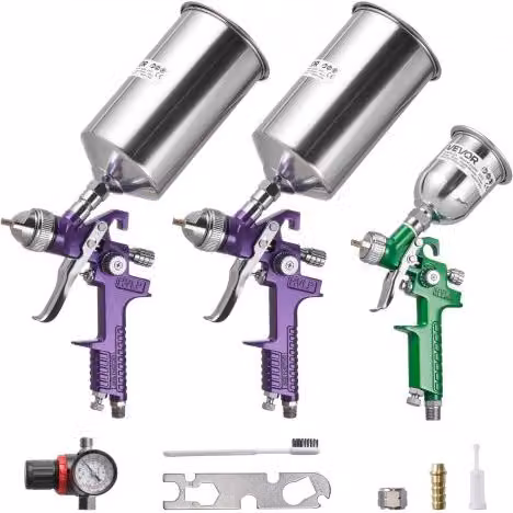 Kit Pistola a Spruzzo Pneumatica a Gravità VEVOR con 3 Ugelli da 1,0/1,4/1,8 mm e Flusso Variabile in Acciaio Inox per Verniciatura Auto, Pareti e Mobili