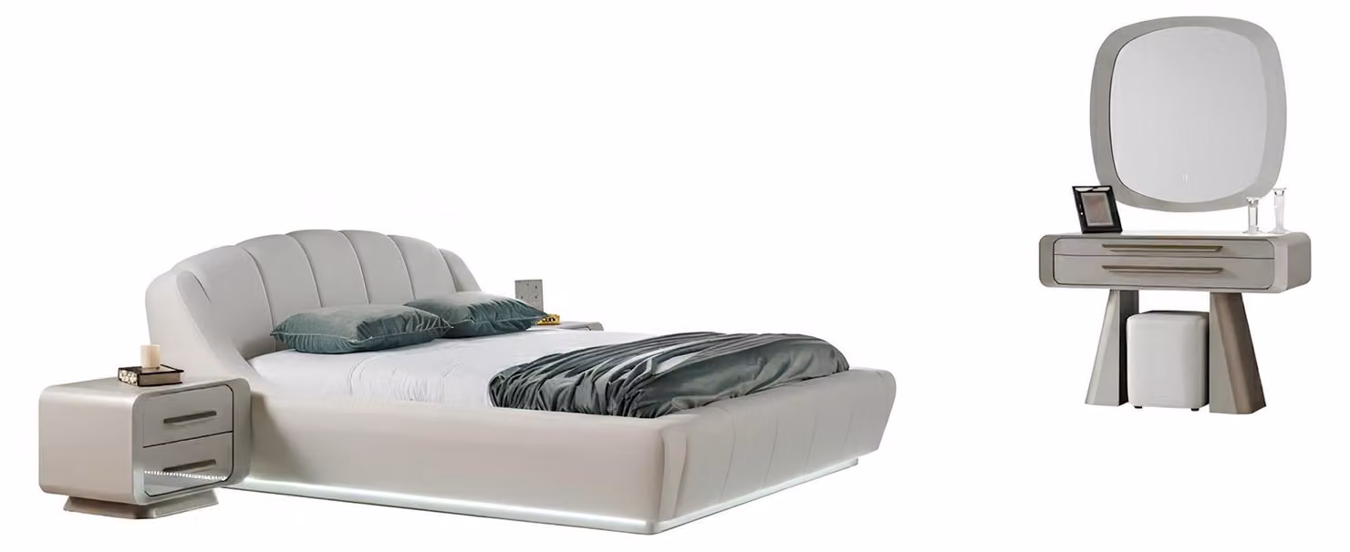 Set per camera da letto: comodini, letto, cassettiera, specchio, colore beige, stile moderno