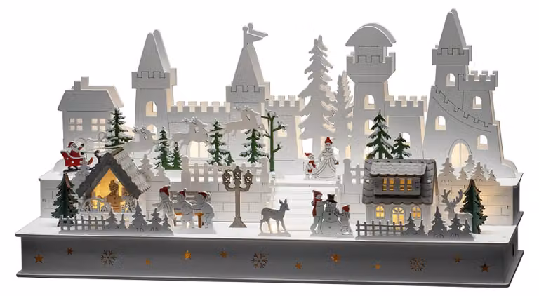Castello in legno con illuminazione a LED, 12 LED bianco caldo, dimensioni 45x23 cm, con timer