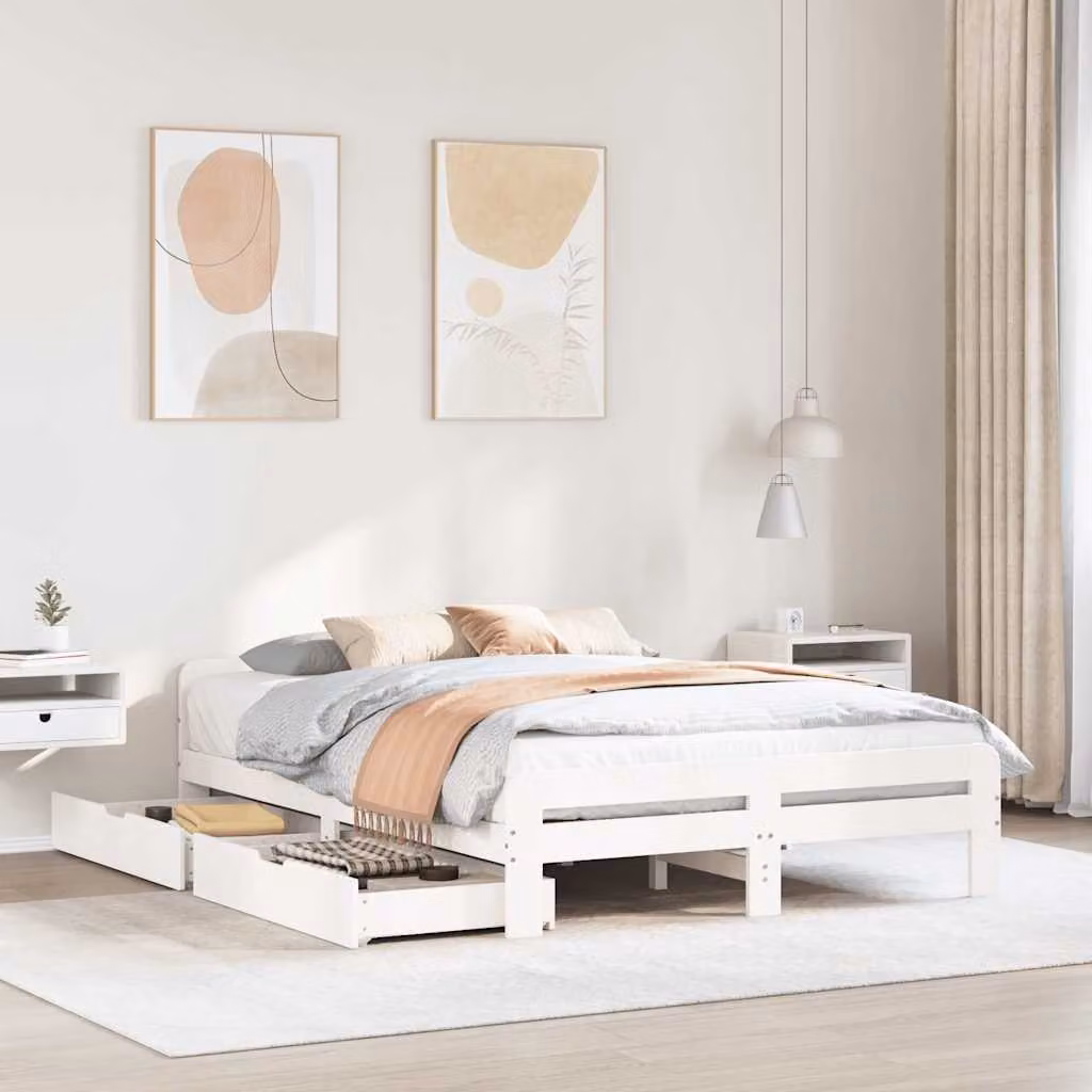 vidaXL Letto in Legno Massello di Pino Bianco con Cassetti L/P/H: 150 x 200 x 154 cm