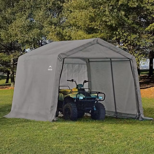 Capanno Shelterlogic 2424 con tetto a capanna, grigio e bianco, in acciaio e poliestere, con porta singola, L: 7,36 m x P: 4,67 m x H: 2,44 m