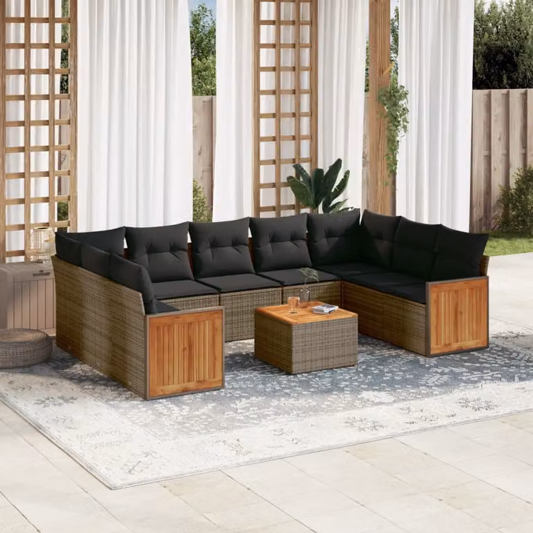 Set Divano da Giardino vidaXL 10 pz in Polyrattan Grigio con Cuscini e Tavolino