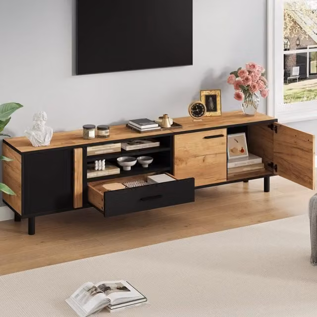 Mobile TV Mivray moderno con 3 ante, cassetti e ripiano semiaperto, nero effetto legno, per TV fino a 80 pollici, L: 180 cm, P: 32.5 cm, H: 50 cm