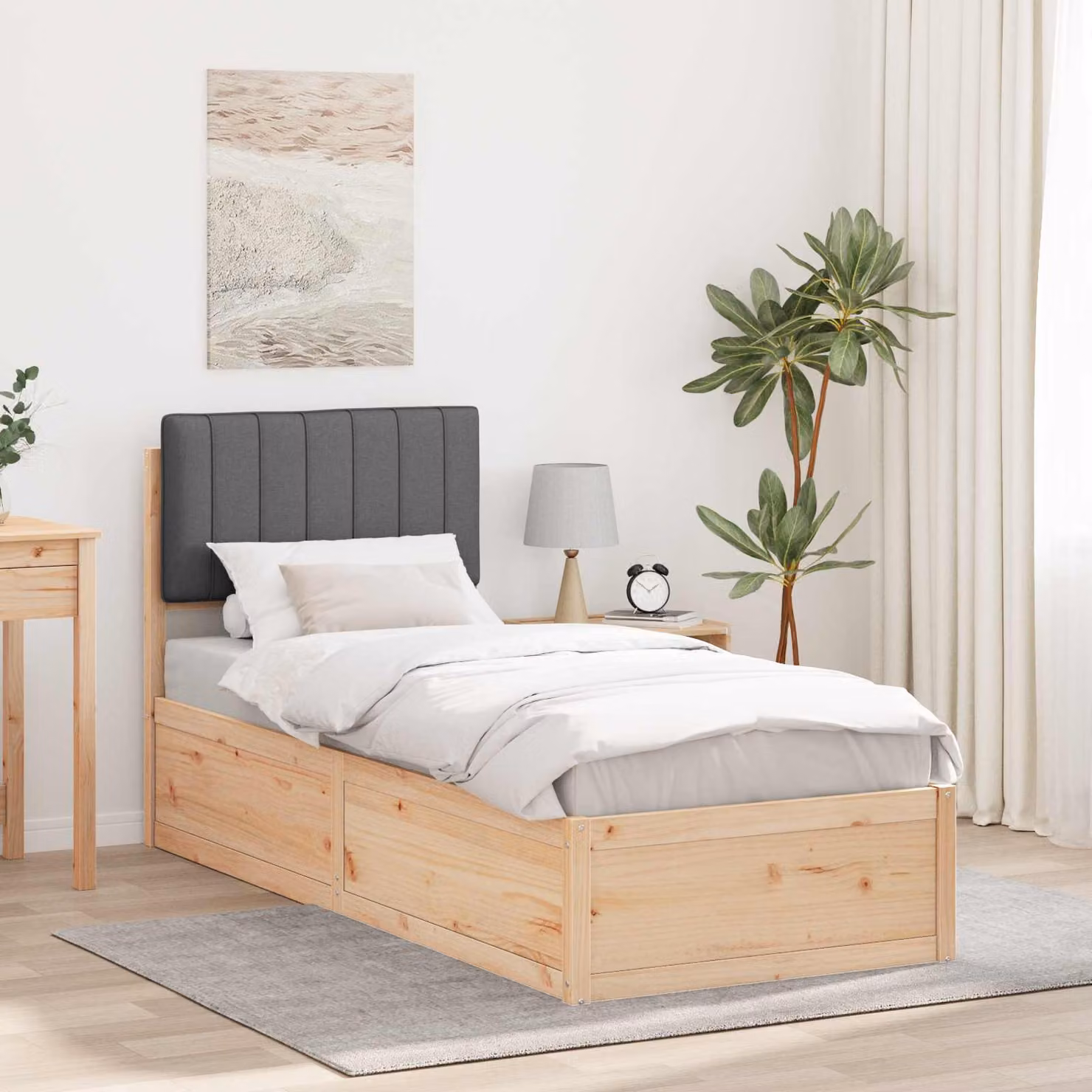 Letto moderno vidaXL con testiera rivestita in tessuto grigio e struttura in legno e metallo L/P/H: 190 x 80 x 93 cm – 1