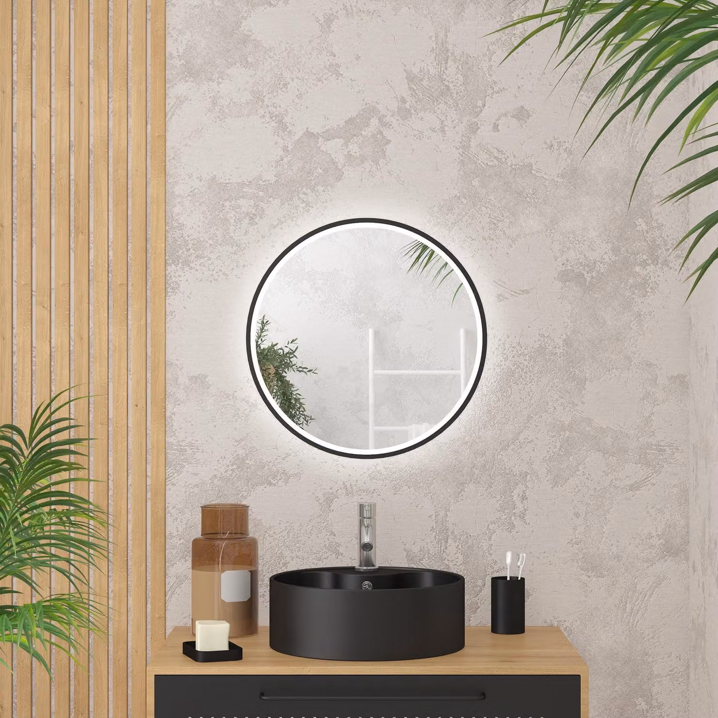 Specchio da bagno LED rotondo, diametro 50 cm, nero, da montare a parete
