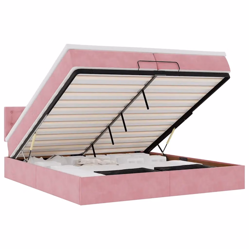Letto con contenitore a sollevamento vidaXL in velluto rosa e bianco con materasso L/P/H: 200 x 200 x 33 cm – 2