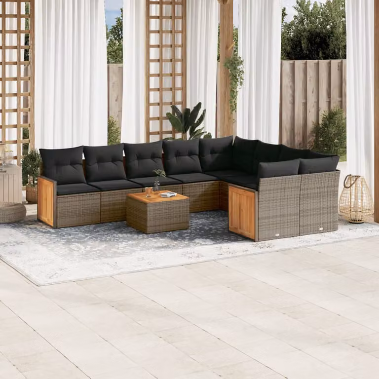 Set Divano da Giardino vidaXL 10 pz in Polyrattan Grigio con Cuscini e Tavolino