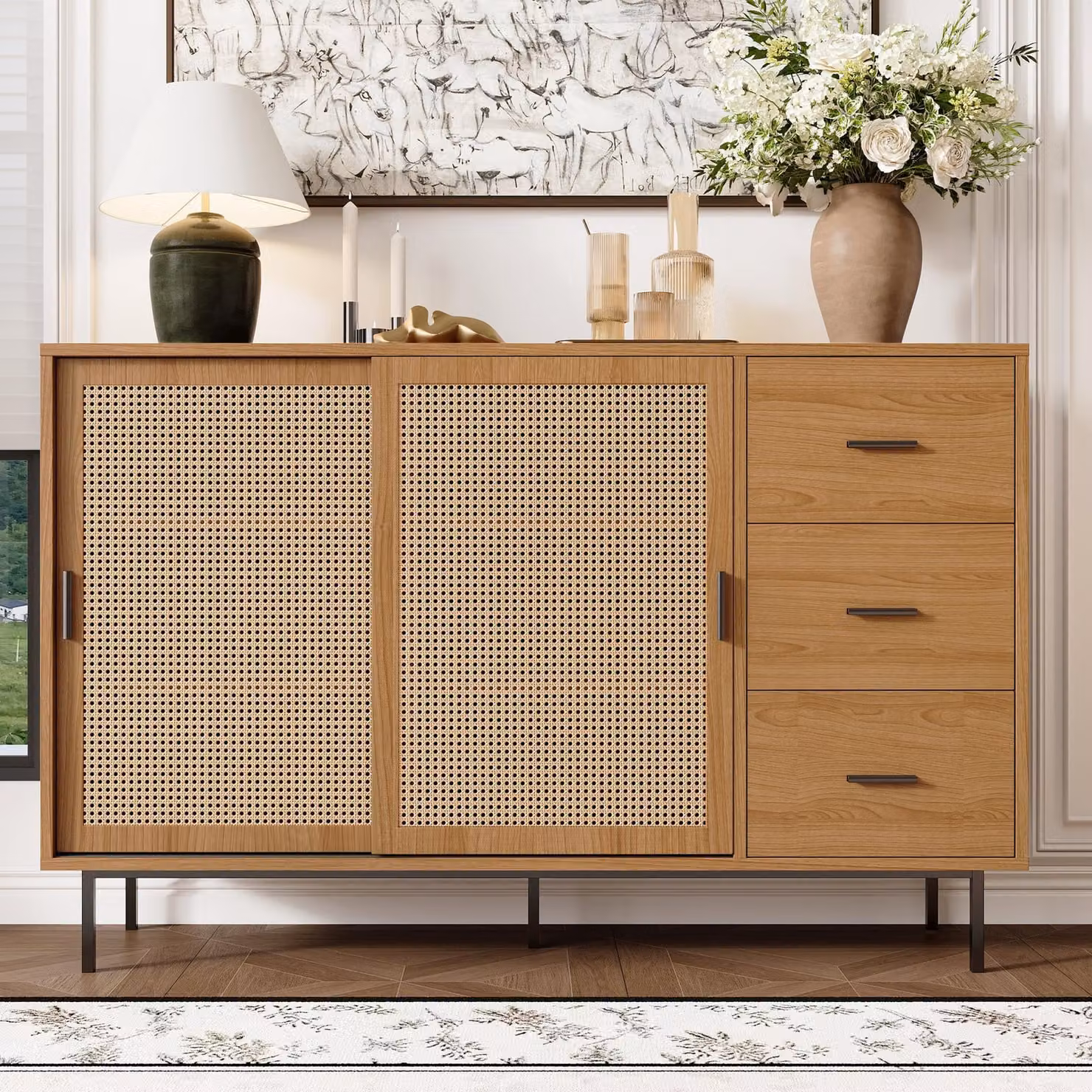 Credenza Merax con 2 ante scorrevoli, 3 cassetti, ripiani regolabili, credenza in stile country per soggiorno sala da pranzo, natura