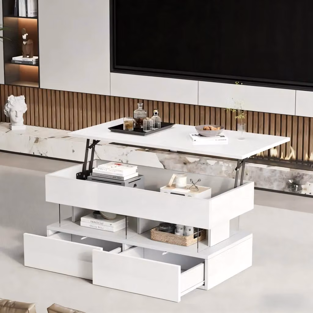 Tavolino da salotto moderno MODFU bianco con meccanismo sollevabile e finitura lucida L/P/H: 100 x 50 x 46 cm – 2
