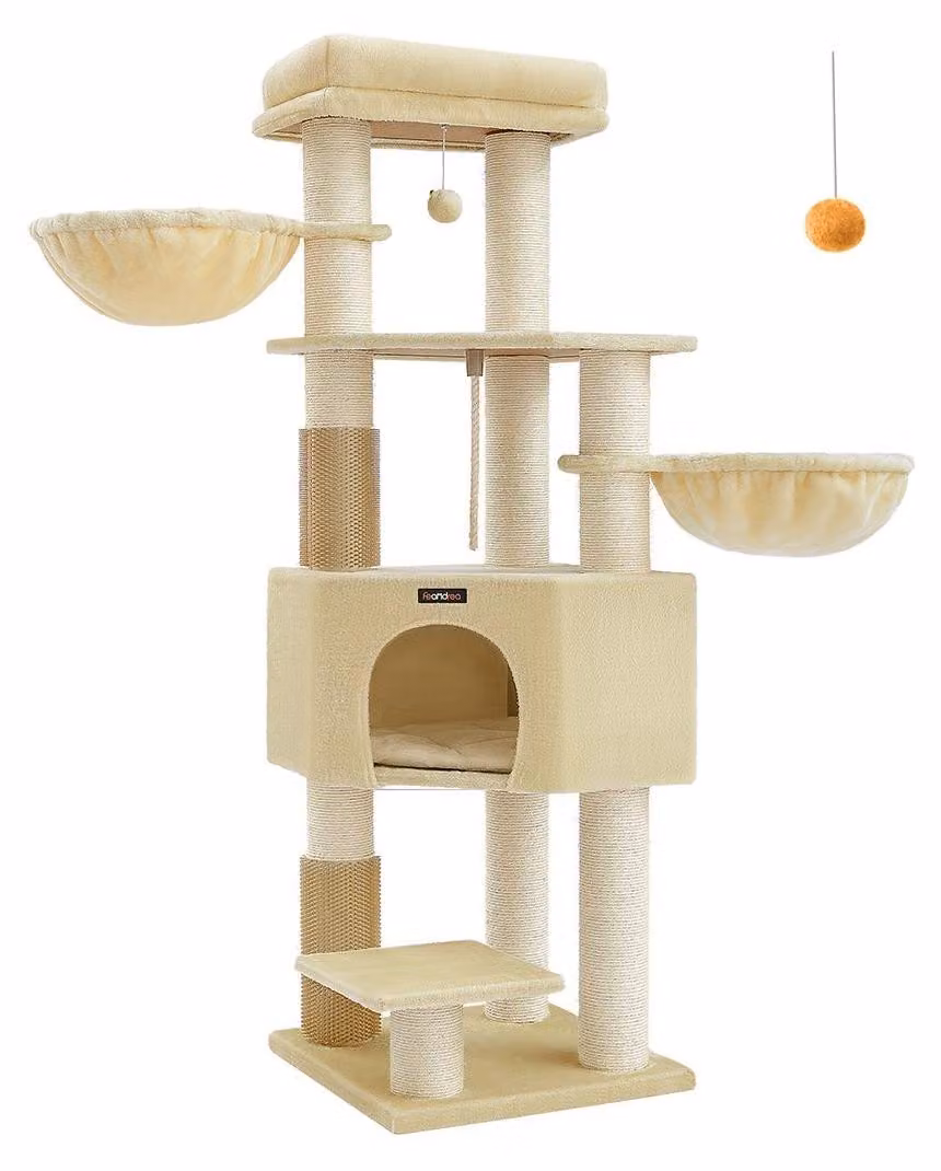 Albero per gatti con torre per graffiare, rivestito in peluche, adatto a più gatti, dimensioni 50 x 50 x 160 cm