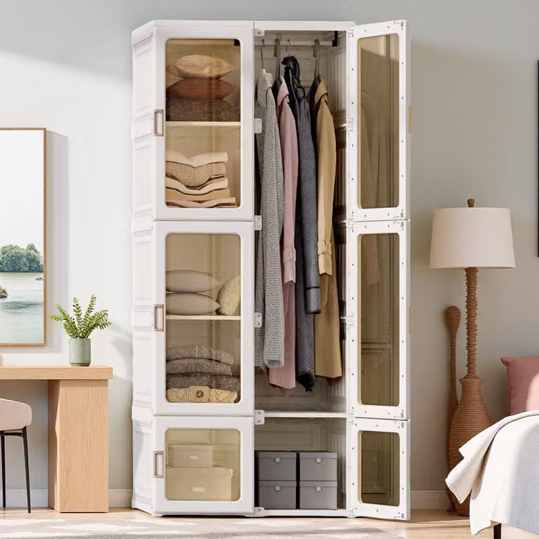 Armadio Fortuna Lai, sistema di scaffalatura portatile, armadio a 10 cubi in plastica con 1 asta appendiabiti, armadio bianco per camera da letto