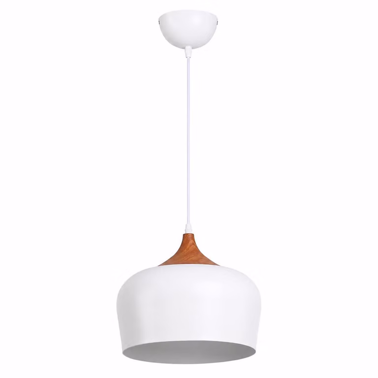 Lampada a sospensione moderna, 35 cm - fusto in legno e cupola industriale bianca, E27, ideale per isola della cucina, sala da pranzo, soggiorno, bar o corridoio