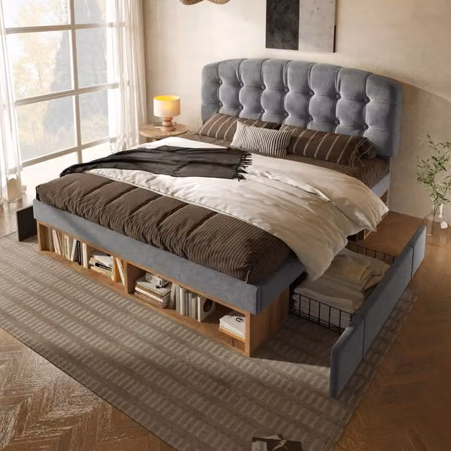 Letto Singolo 90x200 Imbottito in Velluto Grigio con Cassetti e Contenitore; Testiera Regolabile; Rete a Doghe Inclusa