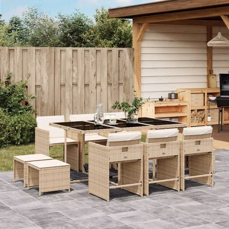 vidaXL Set da Pranzo da Giardino 11 pz in Polyrattan con Cuscini Beige e Piano in Vetro