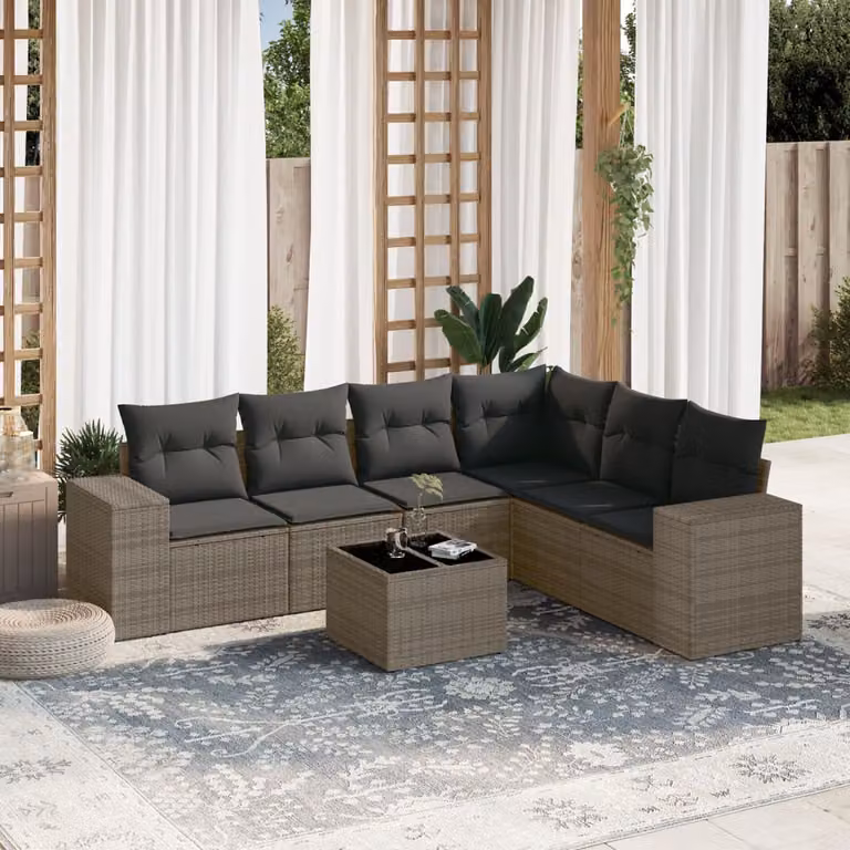 Set di divani da giardino vidaXL 7 pz in polyrattan grigio con cuscini e tavolino da esterno