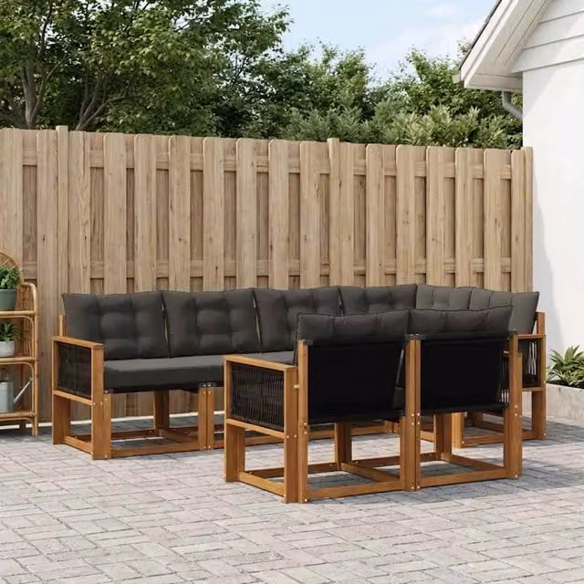Set di divani da esterno a forma di U vidaXL in legno di acacia con cuscini beige e nero