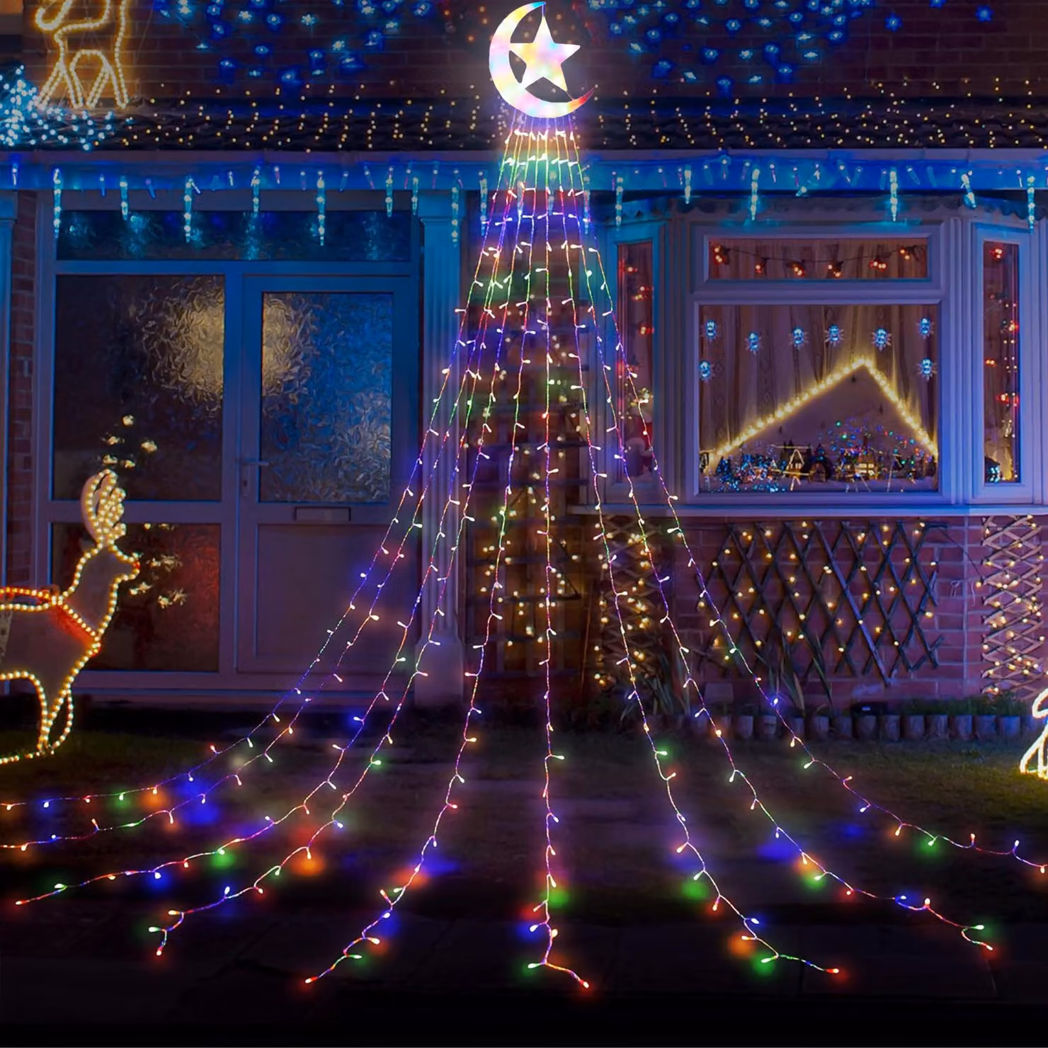 Luci per albero di Natale da interno con luna e stella, luci di Natale 350 LED 8 modalità, luci colorate per albero di Natale con 9 fili 3,47M
