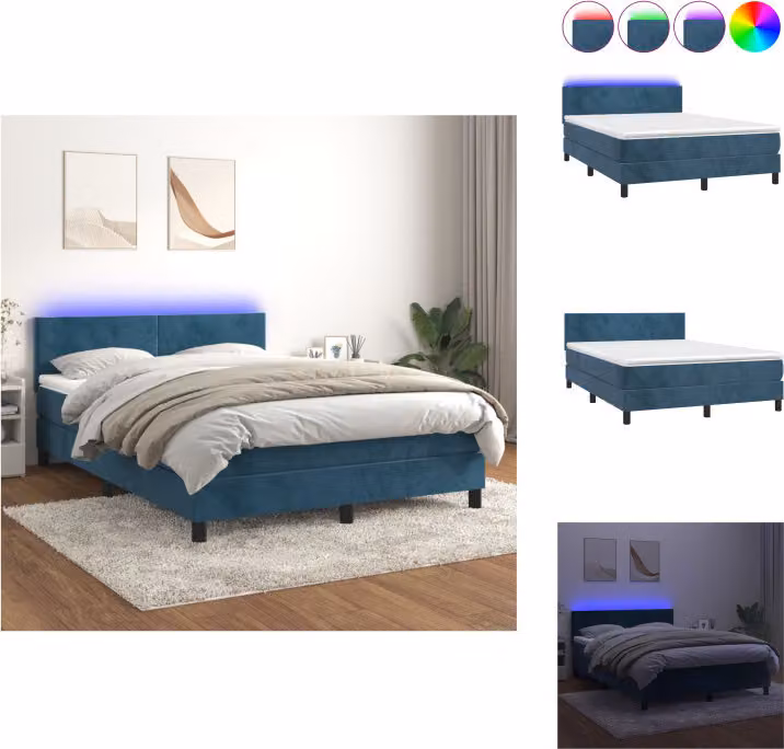 vidaXL Letto a molle con materasso e LED in velluto blu scuro 140x200 cm - Letti & strutture letto