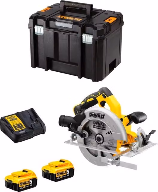 Sega Circolare DeWalt DCS570P2T Gialla con 2 Batterie da 5,0 Ah, Caricabatterie DCB115 e Contenitore TSTAK VI – 1