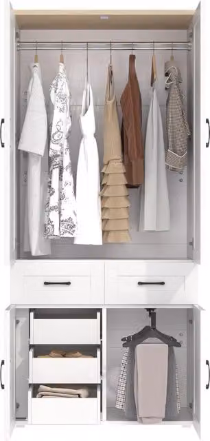 Armadio per camera da letto in stile rustico con 4 ante, 5 cassetti integrati e 2 aste appendiabiti in MDF bianco e nero, L 90 cm x P 50 cm x H 200 cm