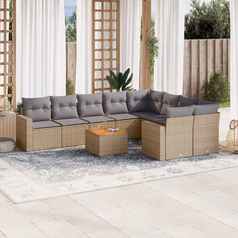 Set Divano da Giardino vidaXL 10 pz con Cuscini Beige e Tavolino in Polyrattan e Legno di Acacia