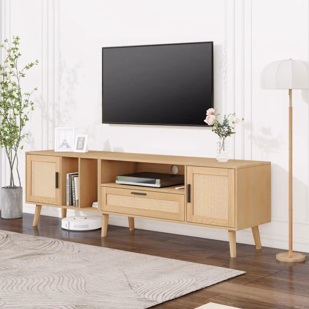 Mobile TV Zephmum in stile scandinavo con decorazione in rattan, colore marrone e beige, L: 180 cm, P: 40 cm, H: 54 cm – 2