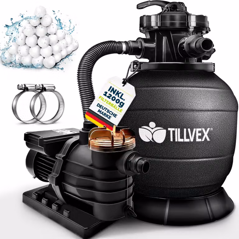 tillvex® Sistema di filtraggio a sabbia per piscina nero 13.200L/h fino a 40.000L + sfere filtranti da 1200g | sistema di filtraggio valvola a 7 vie & adattatore 2in1 Ø32-38mm | filtro per piscina autoadescante | filtro a sabbia per piscina