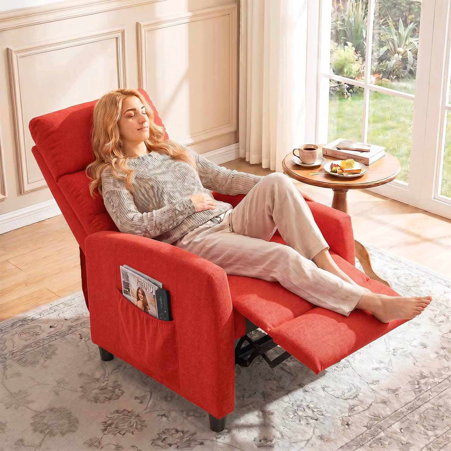 Poltrona Relax Reclinabile HOMCOM con Poggiapiedi e Tasche, Reclinazione Manuale 160°, Rivestimento in Ciniglia, Rosso Vino – 2