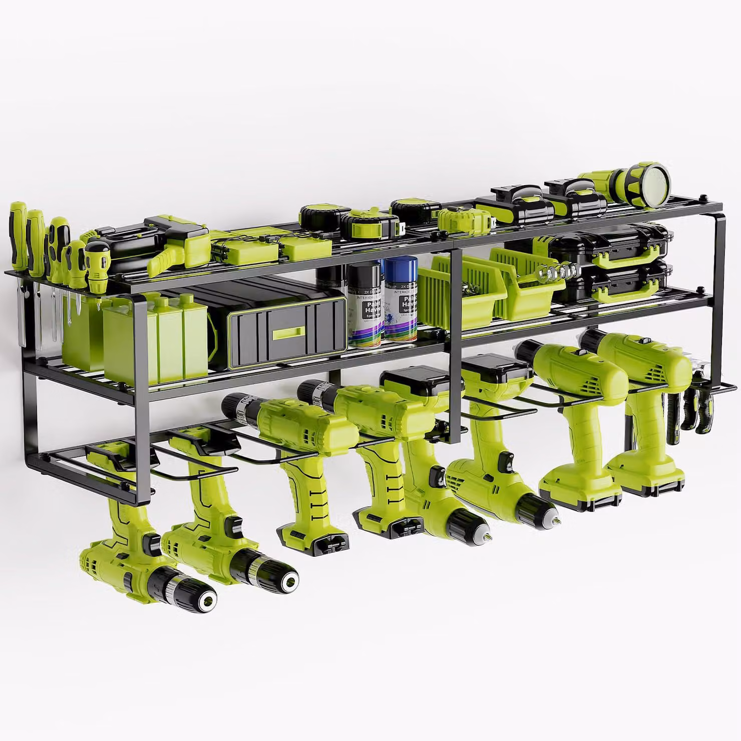 Porta-attrezzi da parete - 3 livelli - Verde - Metallo - Ideale per garage e officine