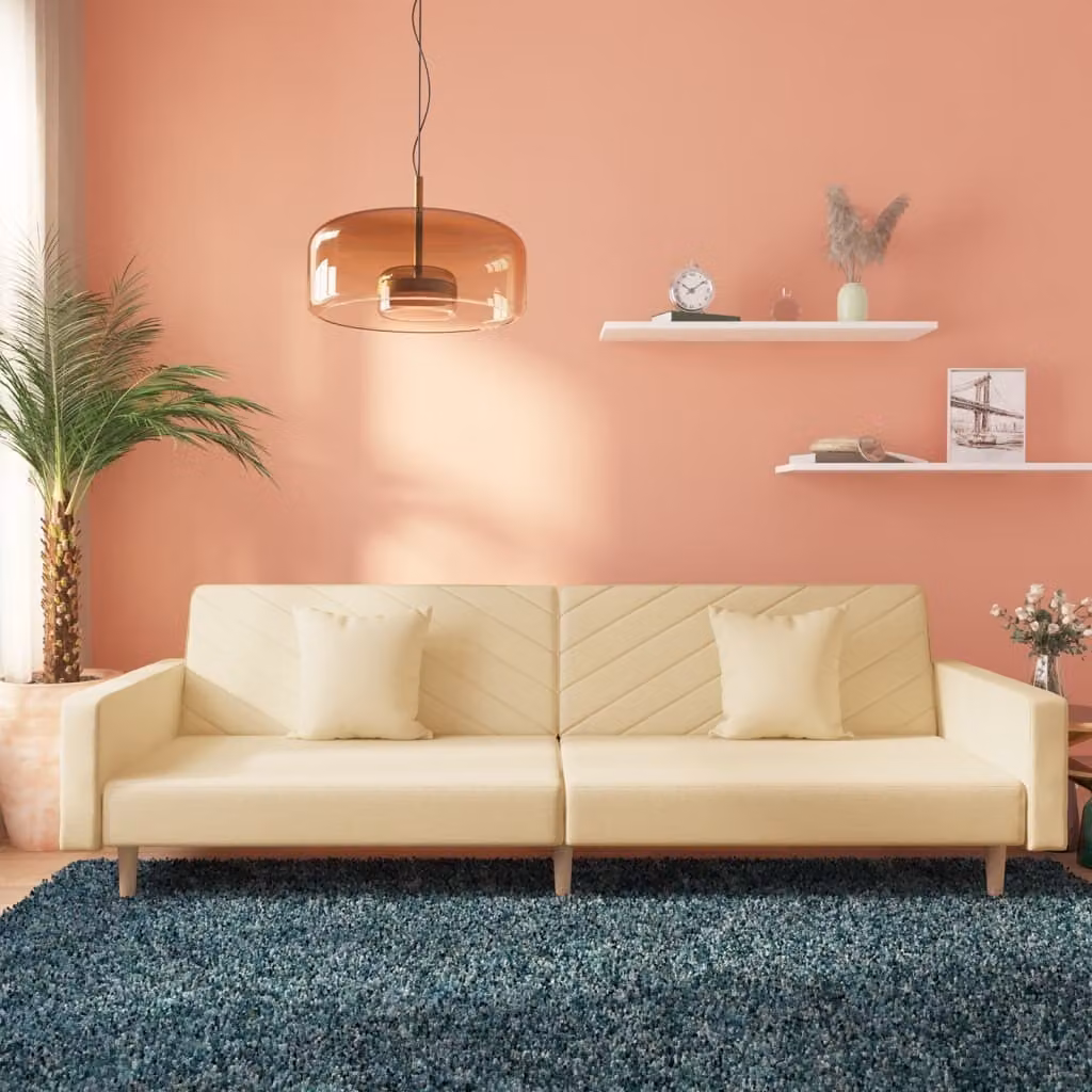 Divano letto 2 posti, con 2 cuscini, rivestito in tessuto crema, collezione Maison Exclusive