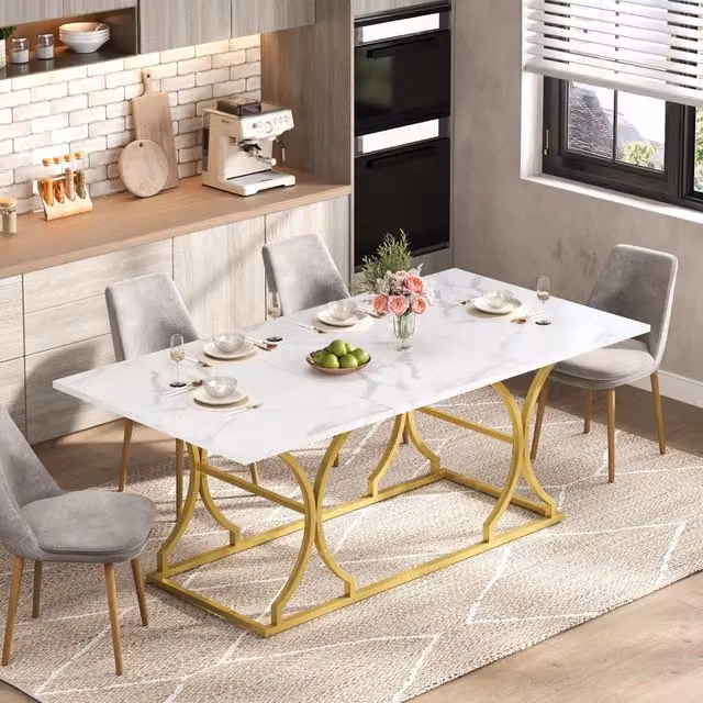 Tavolo da pranzo rettangolare Mivray moderno con piano in MDF laminato bianco lucido e gambe in metallo dorato L: 200 cm, P: 80 cm, H: 76 cm