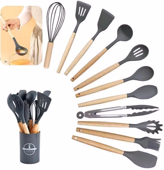Set di pentole in legno con manici e supporto in legno