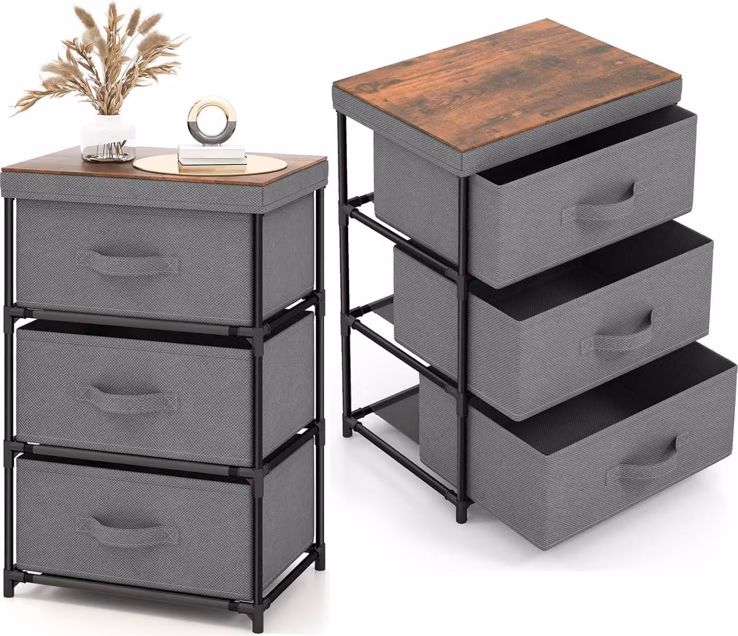 Comodino KOMFOTTEU con 3 cassetti estraibili e pieghevoli, mobile contenitore in tessuto, robusto telaio in metallo, ideale per camera da letto, soggiorno, ufficio, studio (grigio, 2 pezzi)
