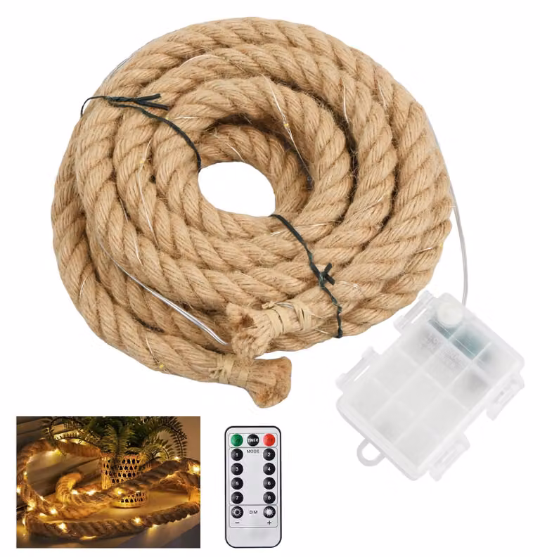 Catena luminosa in corda di canapa, lunghezza 300 cm, 60 LED, con telecomando, 8 modalità