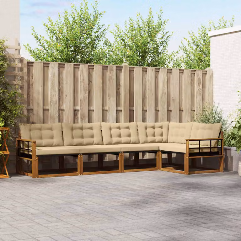 Set di divani da esterno a L vidaXL in legno di acacia con cuscini beige e marrone