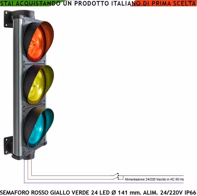 Semaforo a 3 Schede Securvera con 72 Led (24 Rossi, 24 Gialli, 24 Verdi), Corpo in Alluminio IP66, Alimentazione 24/220 Vac, Fissaggio a Parete Orientabile 360°