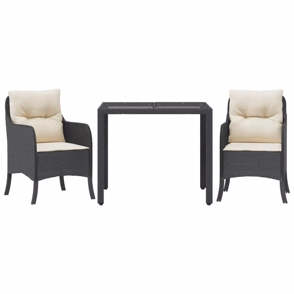Set da Pranzo da Giardino 3 pz vidaXL in Polyrattan Nero con Cuscini e Tavolo in Vetro – 2