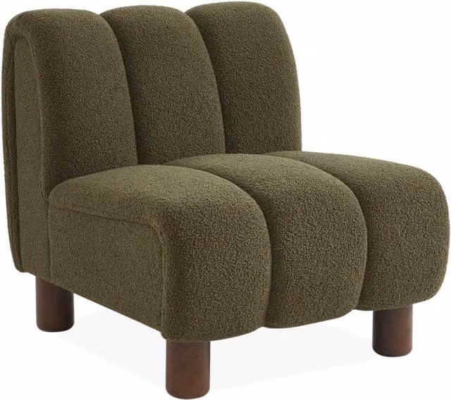 Poltrona relax Sweeek in tessuto bouclé con gambe in legno, modello tub con braccioli, beige e verde