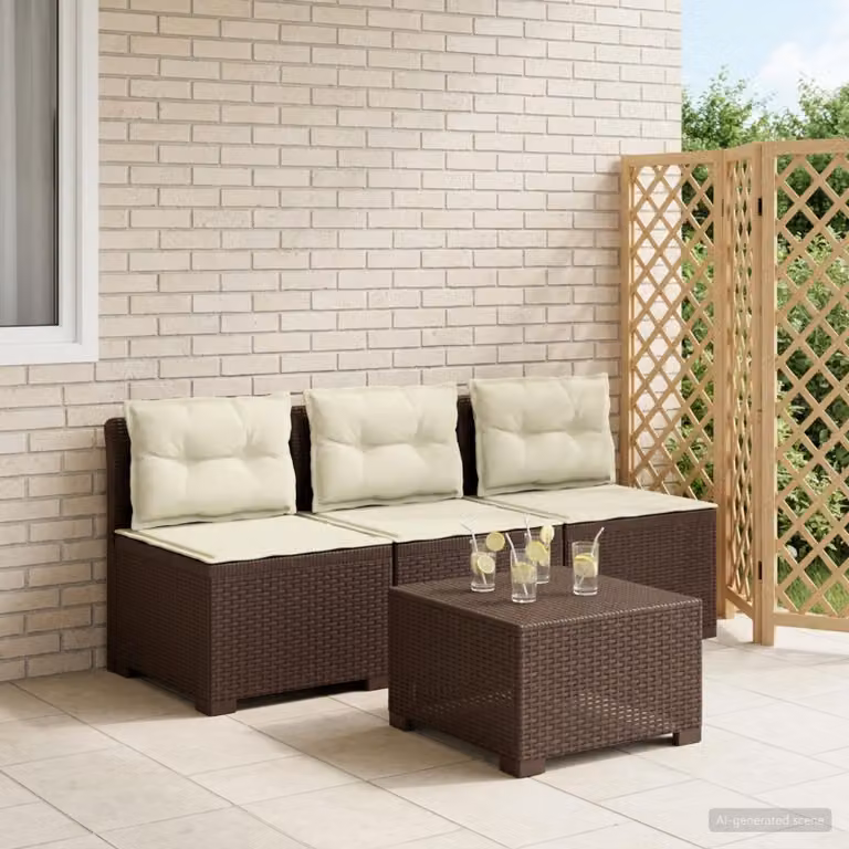 Divano da giardino a 3 posti vidaXL con cuscini in look rattan, colore marrone e beige