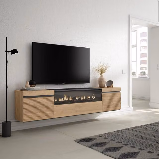 Mobile TV Soggiorno, 200x35x45cm, Per TV fino a 80", Camino elettrico, da appendere, colore Rovere RF3317