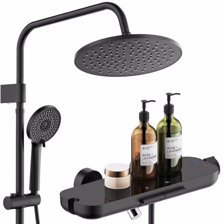 Set di accessori per doccia da parete, completo di rubinetto per vasca, ripiano in vetro e finitura nera