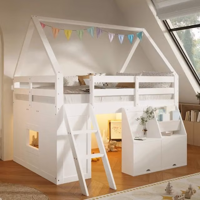 Letto a soppalco MIVRAY per bambini in legno e MDF bianco con scala LED, contenitori e tasche in tessuto, L/P/H: 200 x 140 x 205 cm