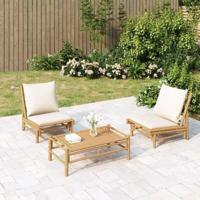 Sedie da Giardino 2 pz con Cuscini Bianco Crema in Bambù 363455