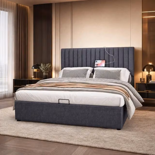 Letto matrimoniale 160x200 cm con contenitore; LED; USB e Type C; lino grigio con materasso