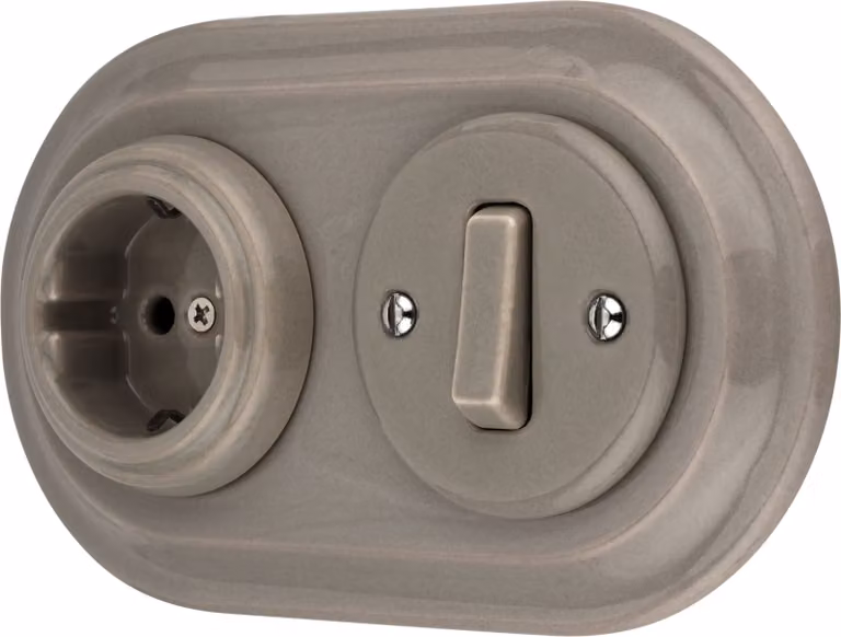 Presa di corrente retrò in porcellana da incasso, interruttore, 2 ingressi, All-in-One, Serie SET PR1 grigio beige