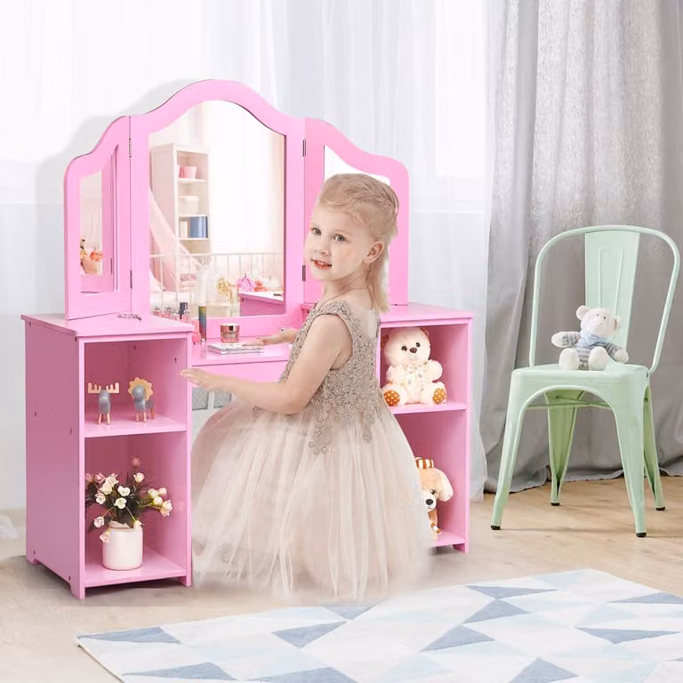 COSTWAY 2 in 1 tavolo da toilette per bambini con specchio rimovibile, tavolo da toilette per ragazze con scomparti aperti, tavolo da toilette in legno, cassettiera per il trucco (rosa)