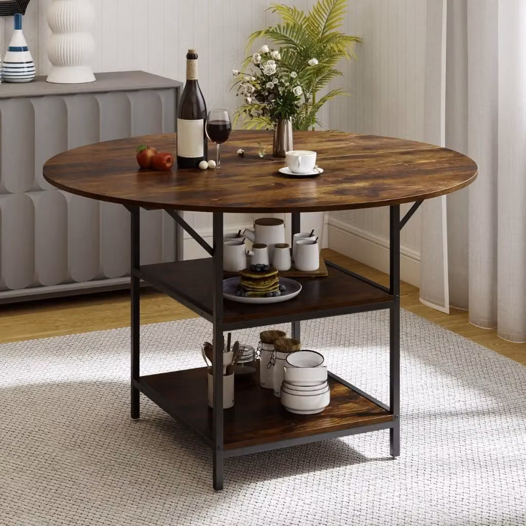 Tavolo da pranzo rotondo Design Mania in stile rustico con ripiano a 2 livelli, Marrone e Nero, Diametro: 120 cm – 2